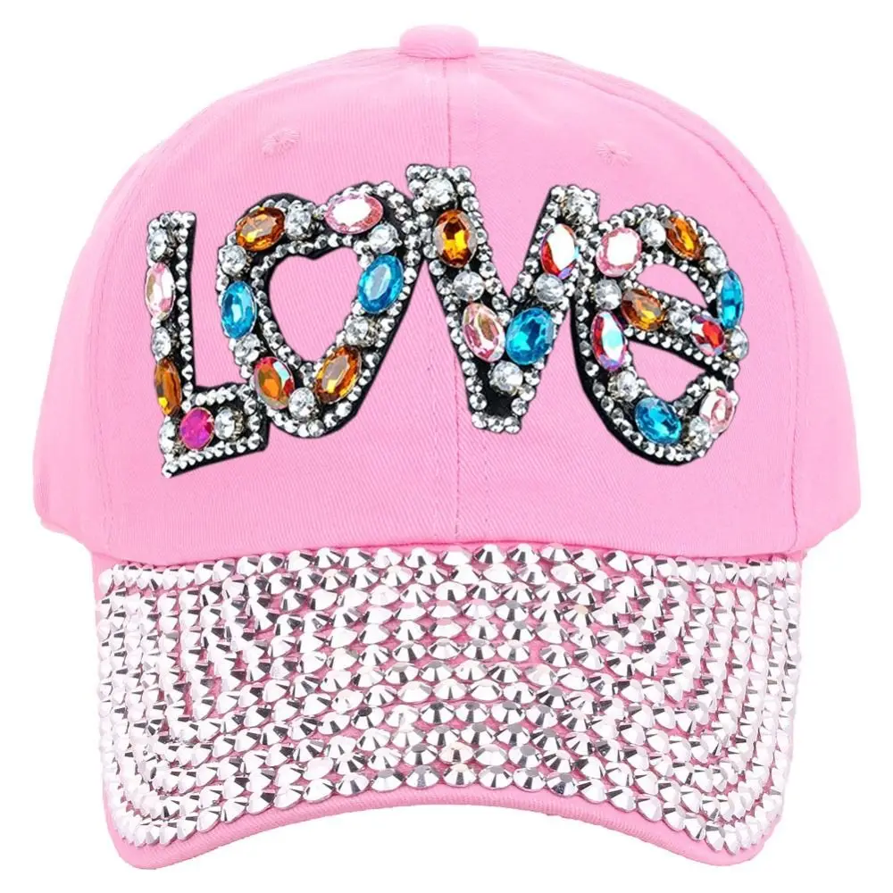 1PC Women\'s Fashion Love Rhinestones Spring/Summer Baseball Hat For Travel Sunshade Leisure Hat Glitter Sunscreen Hat