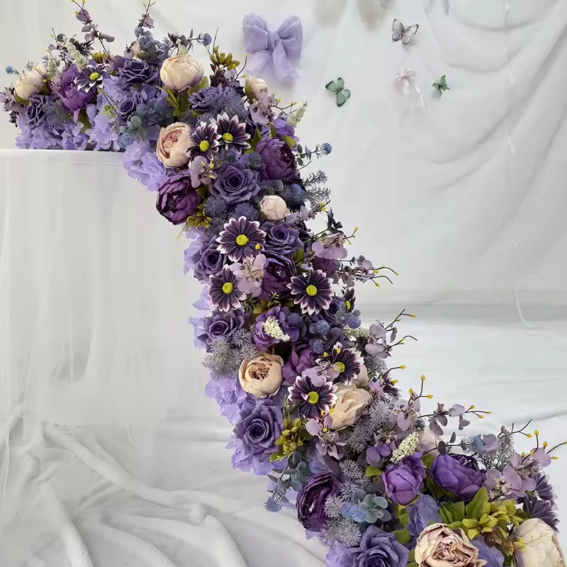 

Uflower 200cm Atficial Purple Flower Row Runner Elegant Artificial Center Stage Background for Wedding Party Home Decoration