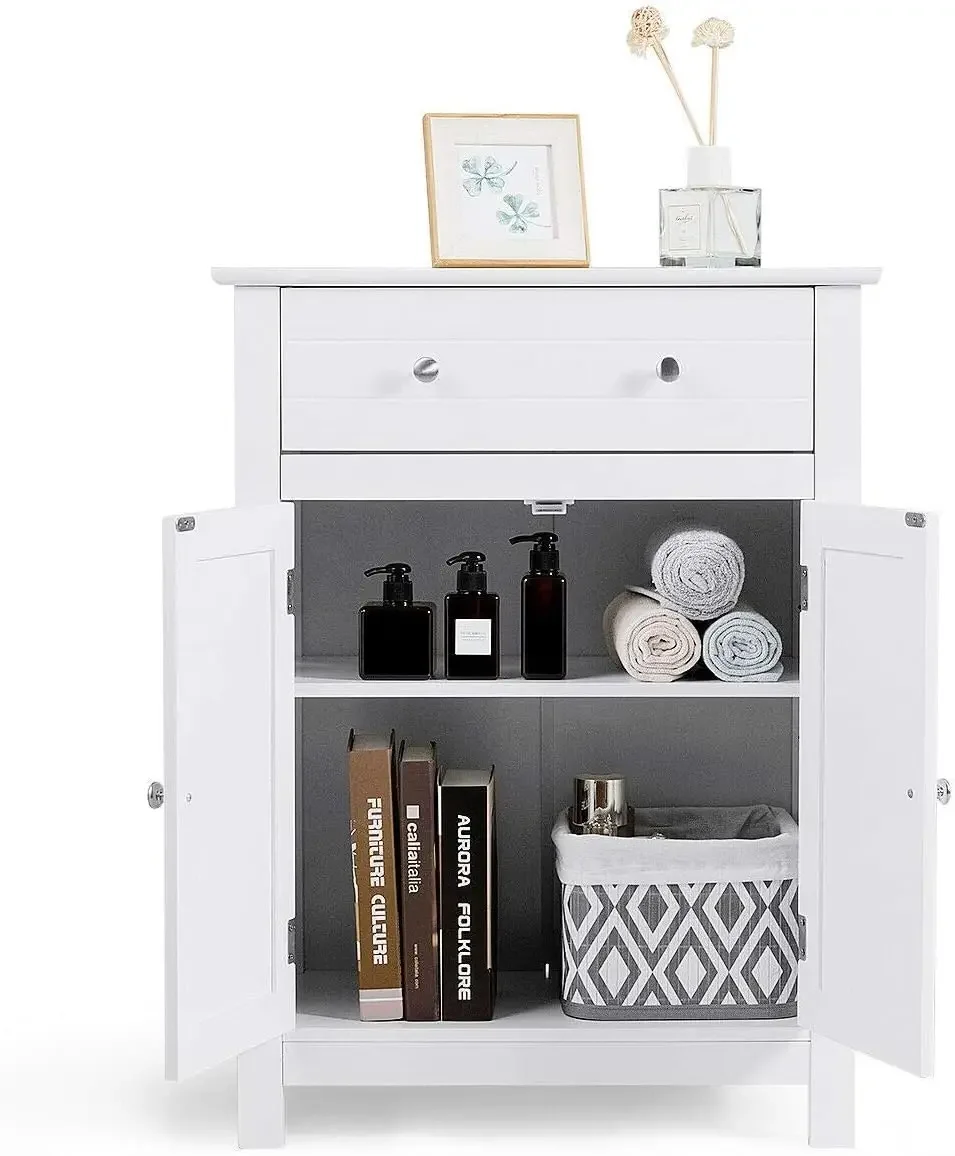 Bathroom Floor Storage Cabinet, Double Doors Wooden Bathroom Cabinet with a Large Drawer and Adjustable Shelf, Perfect for Bathr