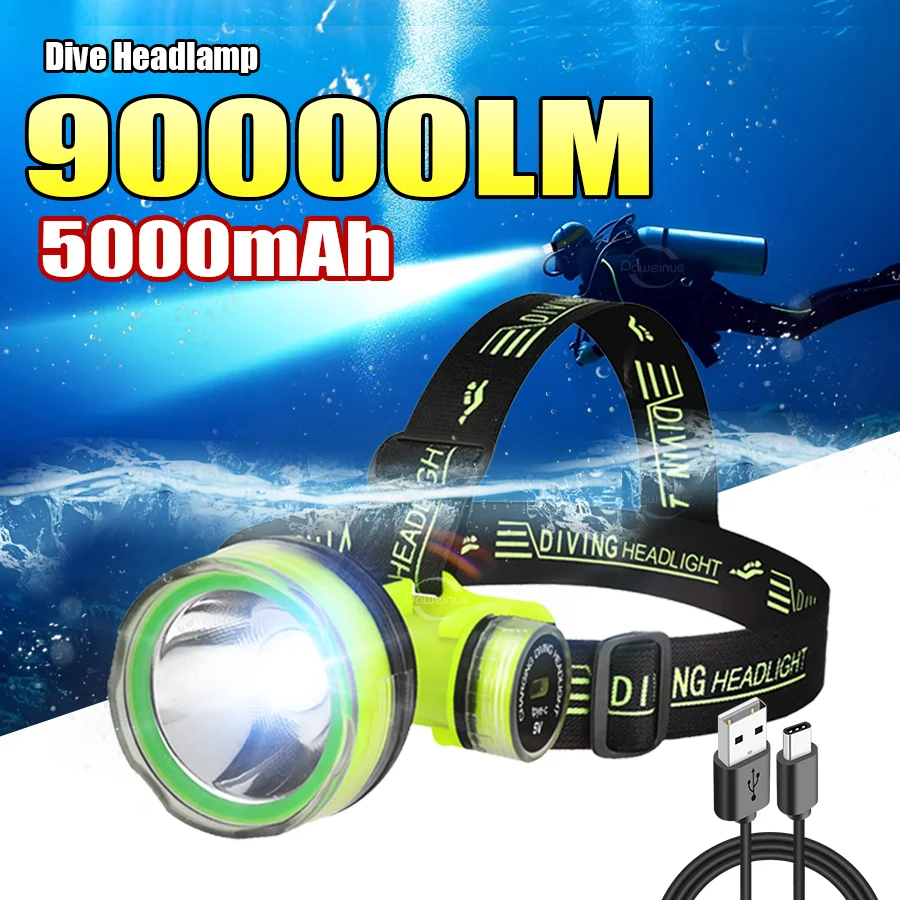 

LED Professional Diving Headlamp Underwater Expertise Diving Headlight Type C Rechargeable Light Super Bright Fishing Head Torch