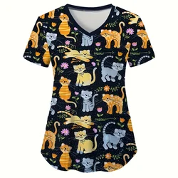 Medical Uniform for Women Cat Cartoon Print V-Neck Micro-Stretch Nursing Tops Fashion Patch Pocket Short Sleeve Clinical Uniform
