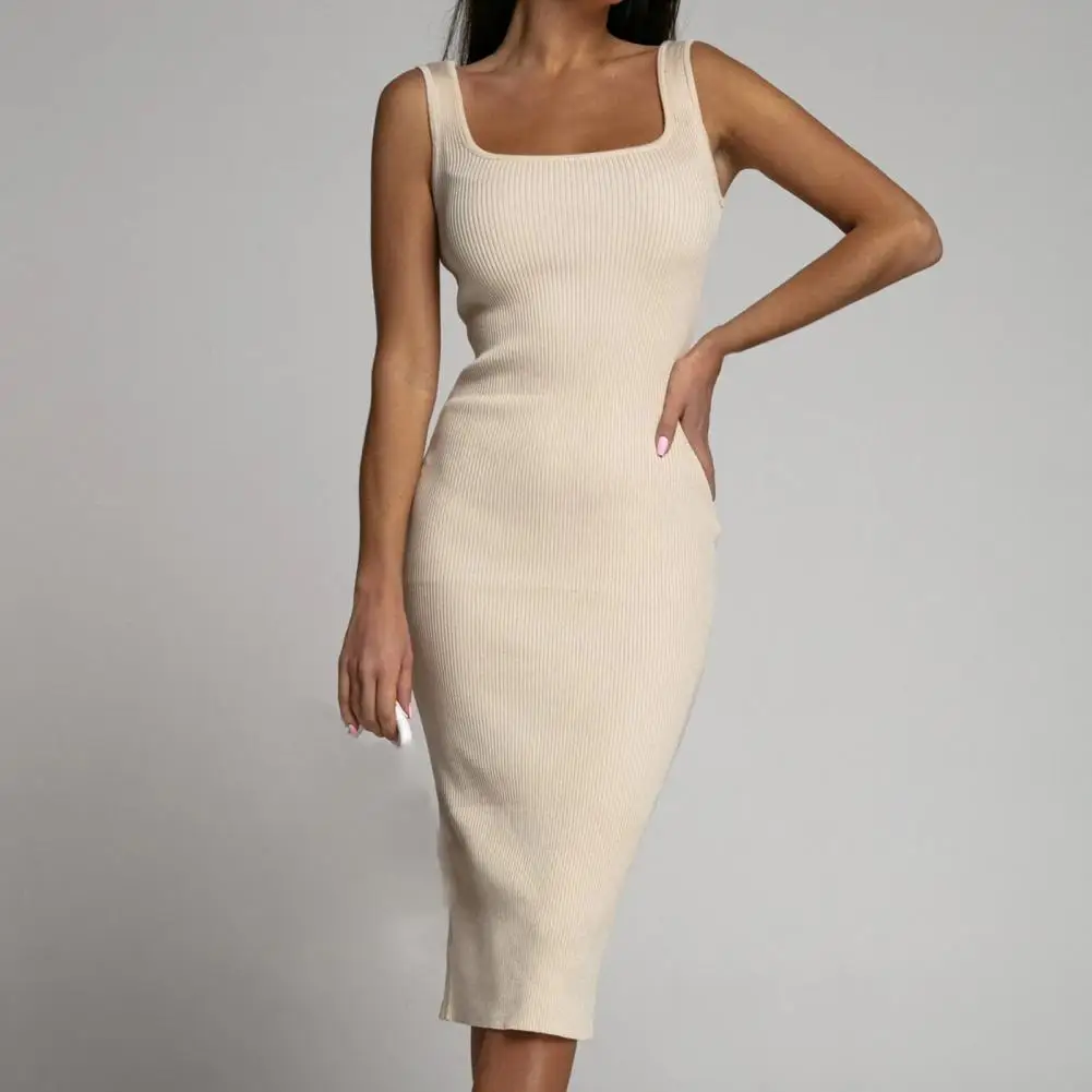 Fabulous Summer Dress Bodycon Women Sheath Dress Square Neck Tight Waist Breathable Party Dress  Solid Color