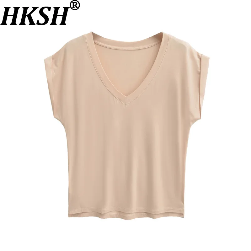 

HKSH Summer New Women Tide Chic Simple Style Elegant Trendy V-neck Short Sleeved T-shirt Casual Versatile Solid Color Top HK6444