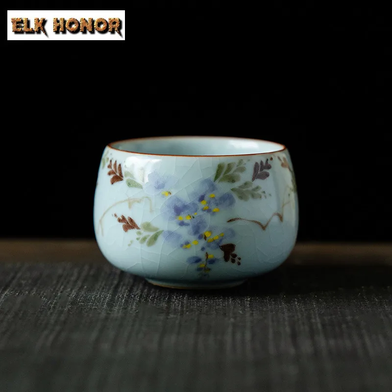150ml Ru Kiln Hand-painted Wisteria Flower Teacup Antique Tea Bowl Cute Cup Tea-tasting Smelling Cup Chazhan Master Cups Teaware