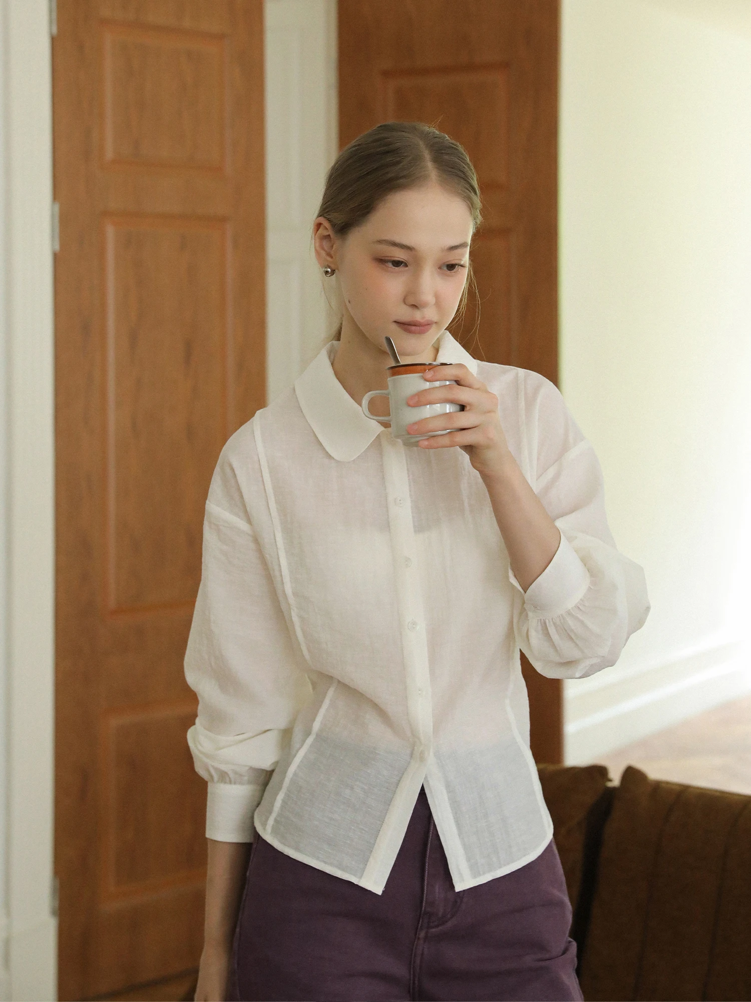 

LLANO Ele Waist-Cinching Long Sve irt Lightweight Thin Cotton Blend Adjustable Fit Women's Autumn Top Ladies irt