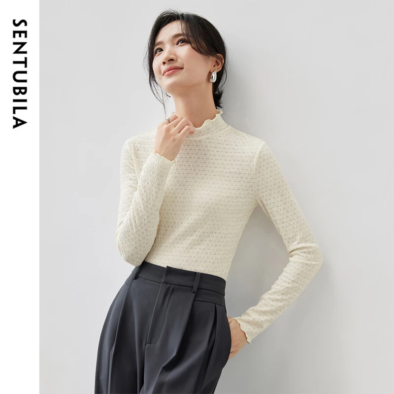 

SENTUBILA 2024 Fall Jacquard Knitted Pullovers for Women Commute Slim Fit Mock Neck Long Sleeve Simple Basic Knitwear 143H56695