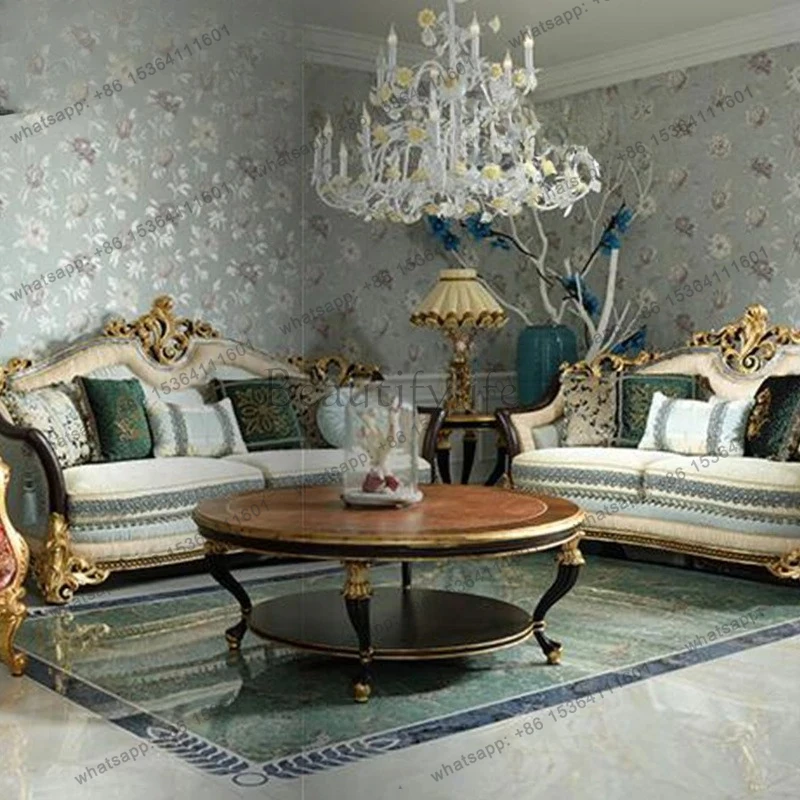 

European living room furniture solid wood hand-carved living room round tea table high-end coffee table