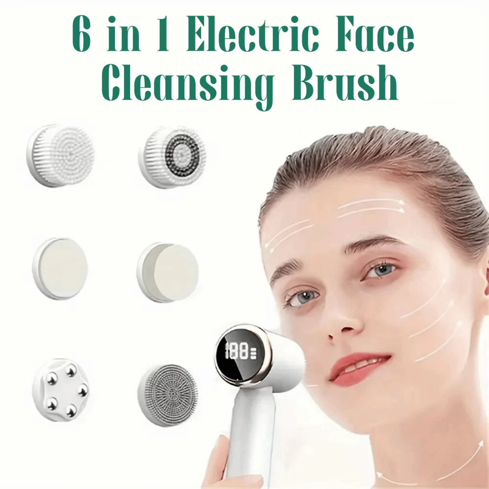 6 in 1 Electric Face Cleansing Brush 360 Rotating Hot Cold Compress Ultrasonic Face Scrubber Gentle Exfoliate Adjustable