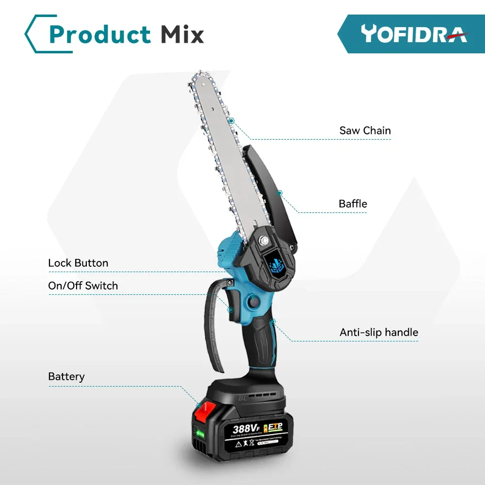 Yofidra 8 Inch Brushless Chain Saw Cordless Handheld Pruning Saw Woodworking Electric Saws Cutting Tool For Makita 18V Battery