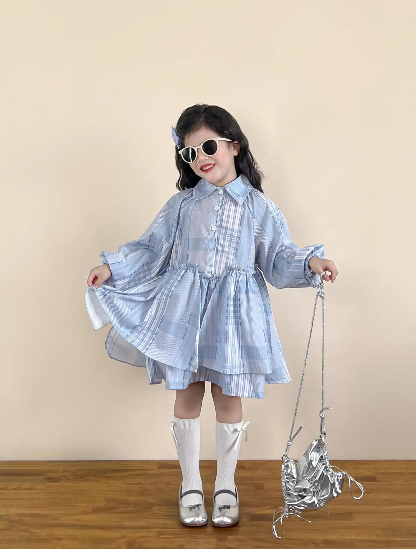 

2025 Girls' Autumn Korean Edition Temperament Blue Plaid Lining Skirt Double Tier Skirt Lantern Sleeve Loose Lapel Dress