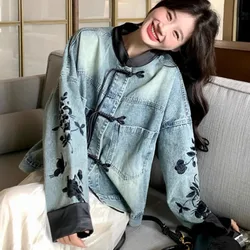 Chic Denim Jacket Women's Outwear 2026 Spring Autumn New Chinese Loose Embroidered Plus Size 3XL Jeans Short Coat Tops