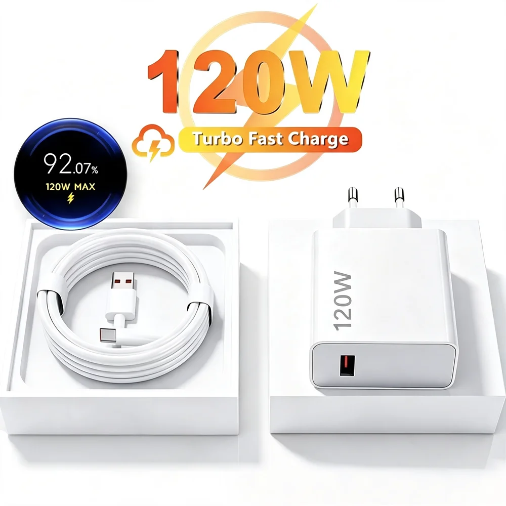 Carregador Ultra Rápido 6A 120W EU para Xiaomi 11 12 13 14 15 Ultra Redmi Note 11 12 13 POCO F6 X6 Pro Cabo de Carregamento Turbo USB Tipo C