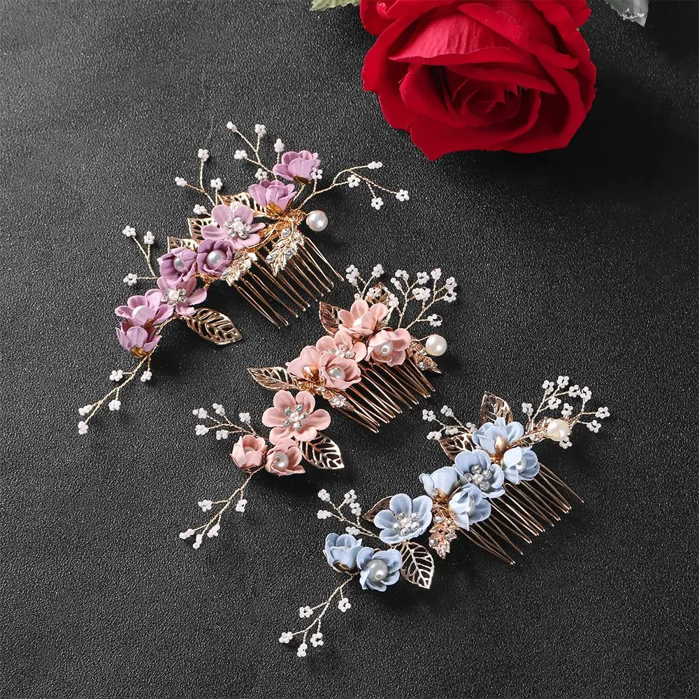 Fashion Luxury Flower Hair Combs Headdress Prom Bridal Wedding Blue White Pink Hair Accessories Gold Leaves Hair Jewelry