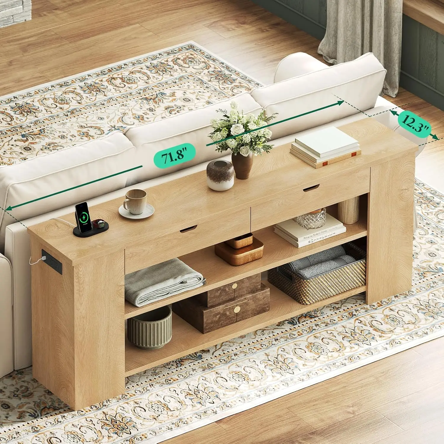 Extra Long Console Table with Drawers & Shelves, Built-in Outlets, Storage for Entryway Living Room, Natural Wood, Customized view 6