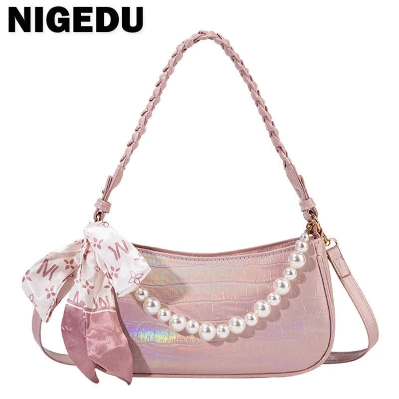 Laser Stone grain women Shoulder Messenger Bag small  Pearl chain Crossbody Bags PU Leather ladies Axillary Handbags bolsa