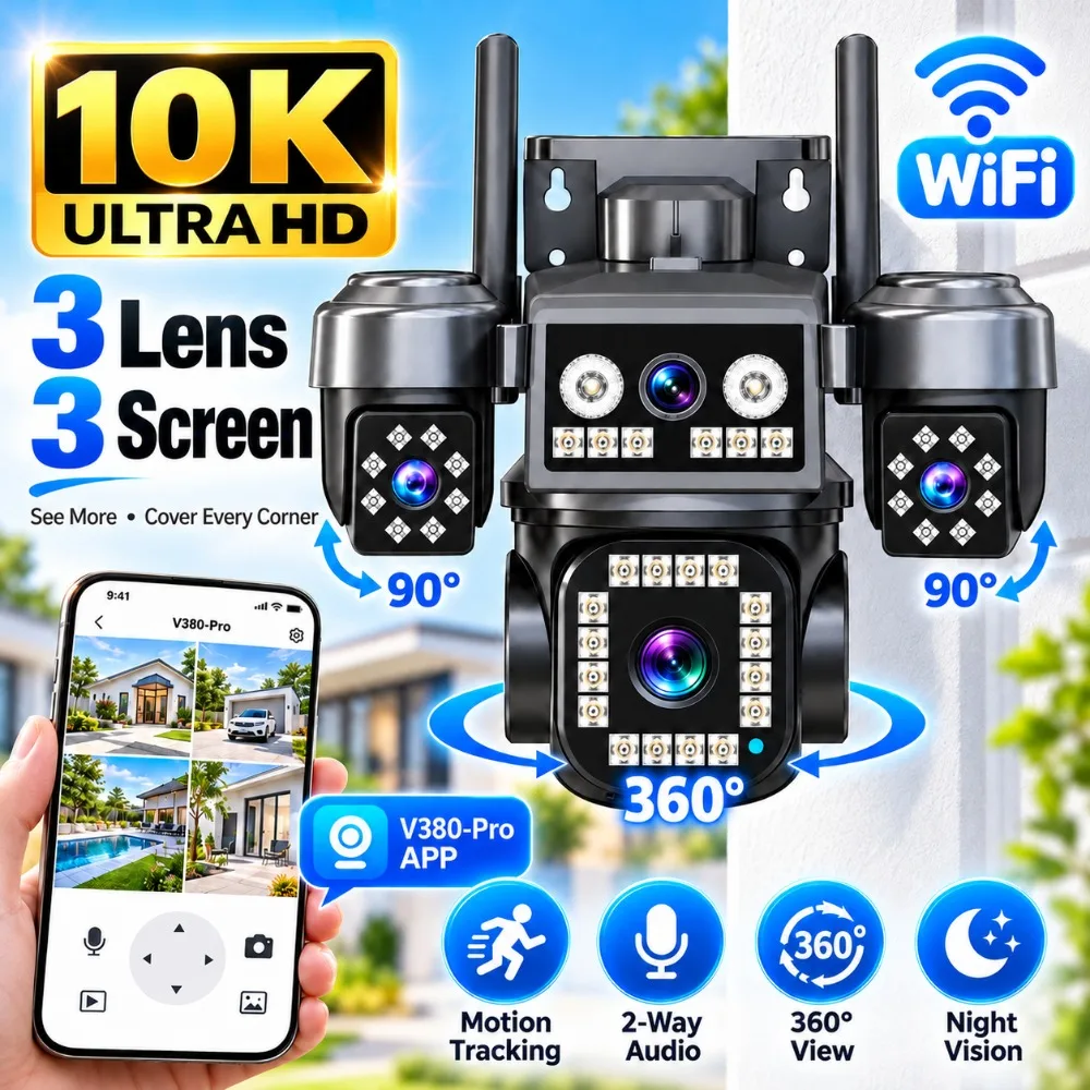Kamera zewnętrzna PTZ z 20-megapikselową matrycą, łącznością WiFi, 10-krotnym zoomem optycznym, 4 obiektywami, 4 ekranami, funkcją noktowizji, śledzeniem ruchu, do monitoringu domu, kamera IP CCTV.