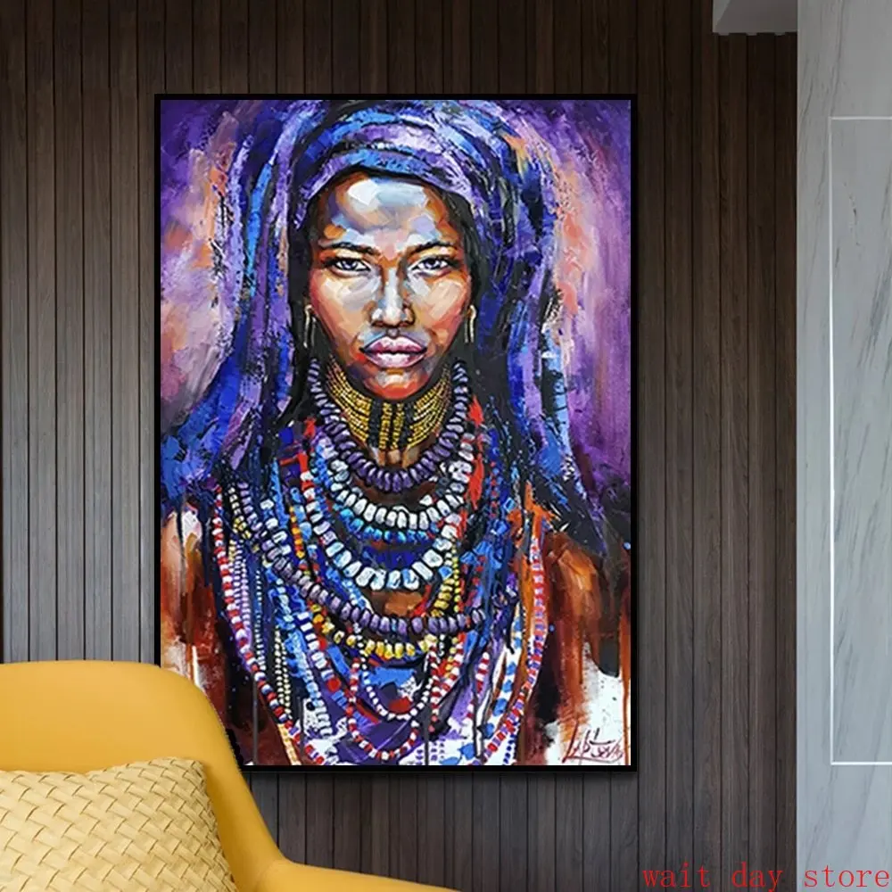 Graffiti Art African Black Women with Turban Jewelry Canvas Painting Wall Art Tribe Woman Posters Pictures Home Decor Painting