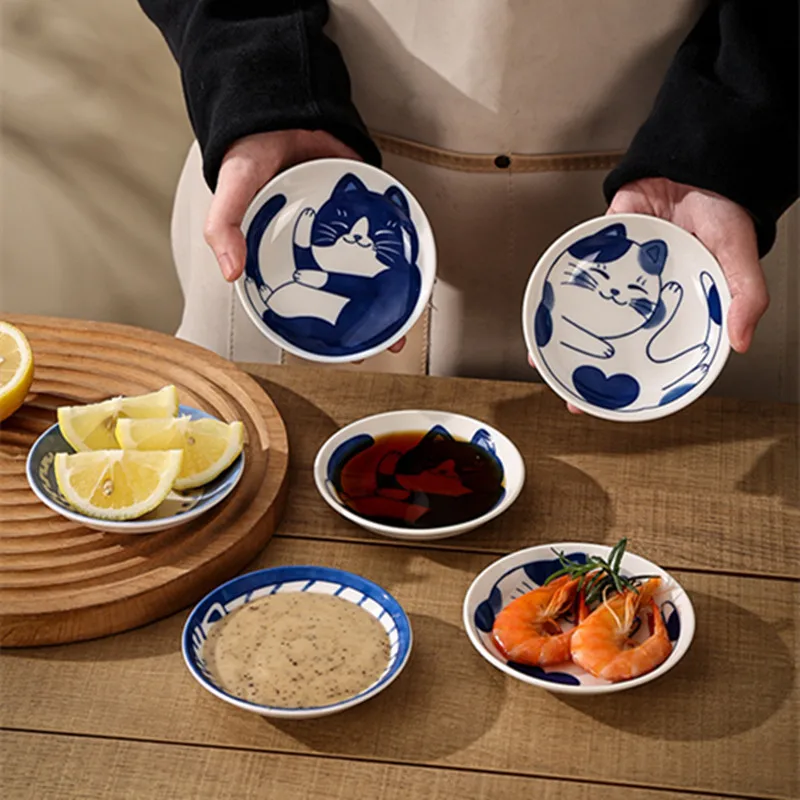 Plato de cerámica para salsa de postre de estilo japonés, vajilla con patrón de gato de la suerte de dibujos animados, platos de Sushi de fruta con forma de gota de agua, plato para inmersión