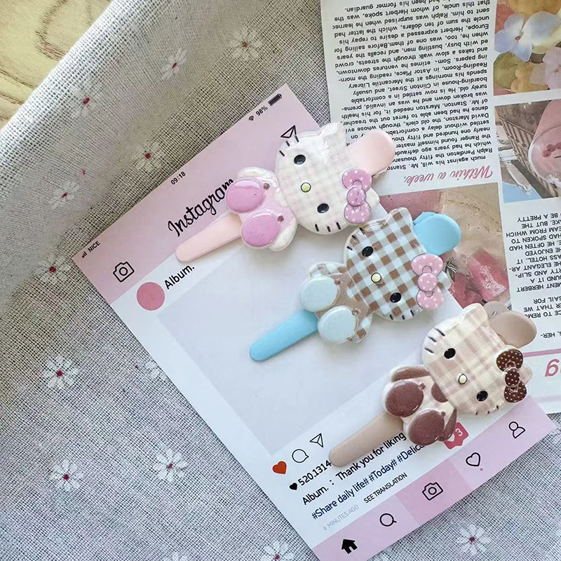 1PC Sanrio Hello Kitty Cute Retro Plaid Cat Duckbill Bangs Long Clip Characters Hair Clips Hair Decoration DIY Accessories Girls