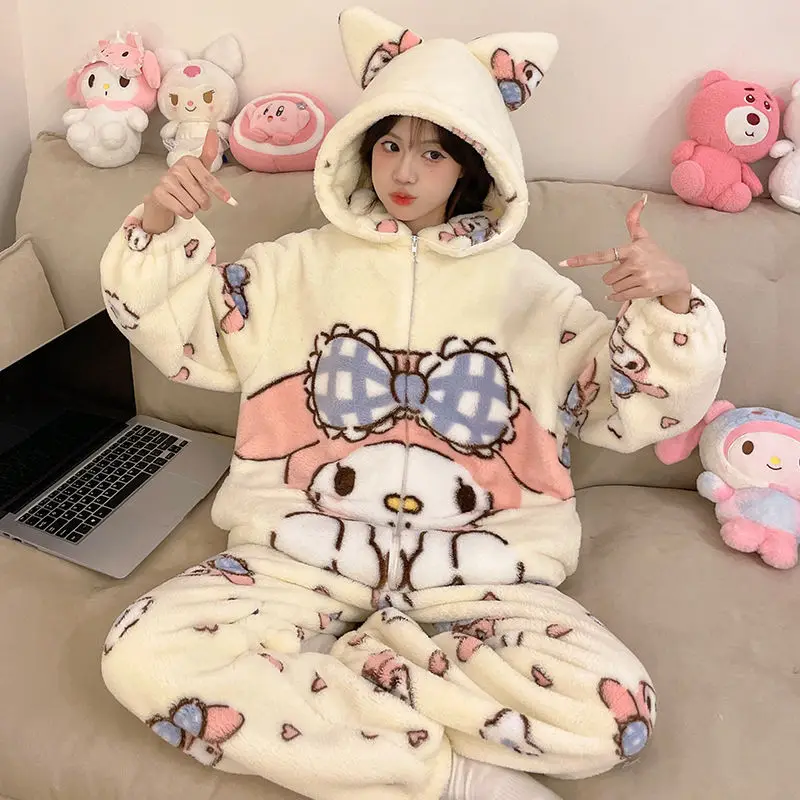 Sanrio Girl Coral Fleece Winter Hooded Thickening Pajama Set Kawaii My Melody Comic Keep Warm Zipper Cardigan Leisure Wear New