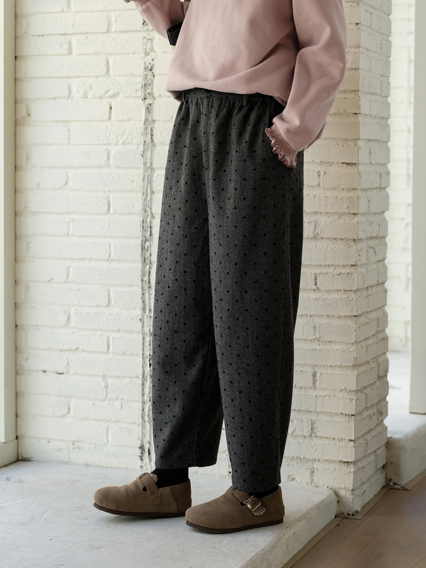 

Thi Knit Tweed Pants Women's Nine Points Polka Dot Slimming Pants Casual Straight Leg Trousers Commute Sle Wool Blend