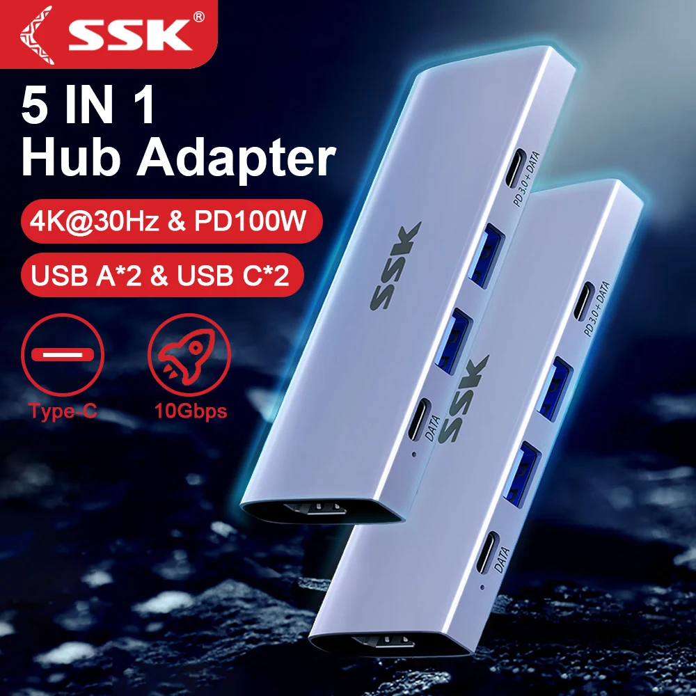 Концентратор SSK Type C USB C Hub Многопортовый адаптер 4-в-1 с зарядкой PD 100 Вт Порты 4K HDMI USB3.2 10 Гбит/с для Macbook Pro Аксессуары