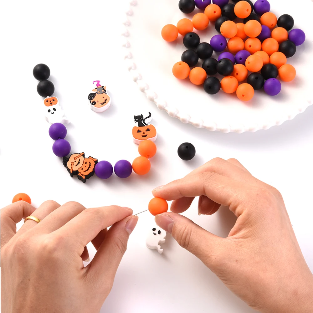 40Pcs Halloween Round 15mm Silicone Beads Cartoon Ghost Beads Set for Jewelry Making Diy Bracelet Necklace Keychain Accessories