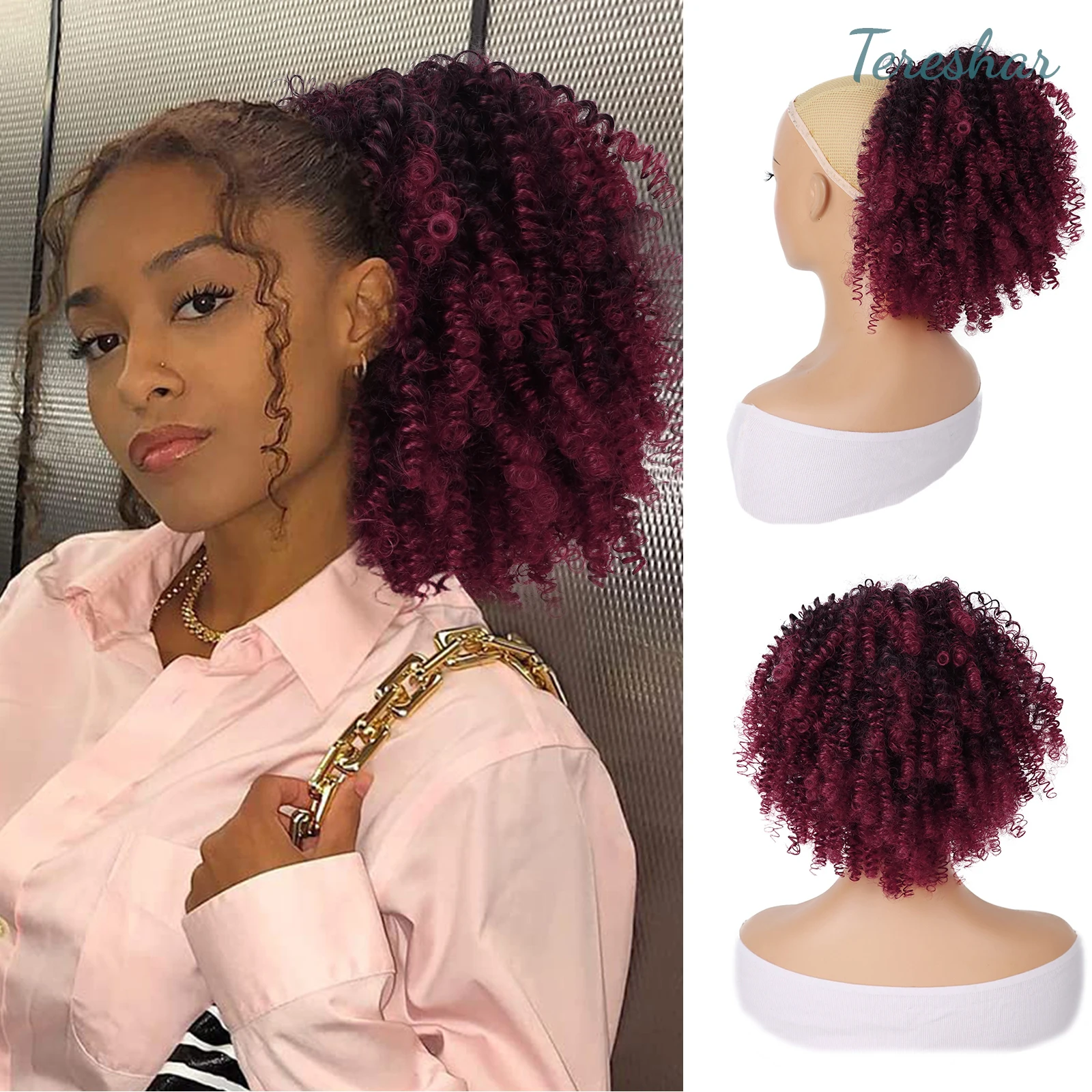 

Tereshar Synthetic Short Kinky Curly Ponytail Extension for Black Women, Drawstring Curly Ponytail Afro Drawstring Ponytail