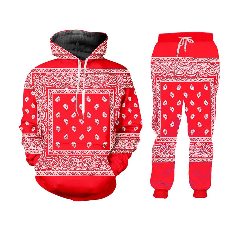 Erkek Paisley Grafik Kaju Çiçek Kadın/erkek 2 Parça Set Jogger 3D Pantolon Hoodie Kırmızı Siyah Eşofman Eşofman Altı Hoody Streetwear