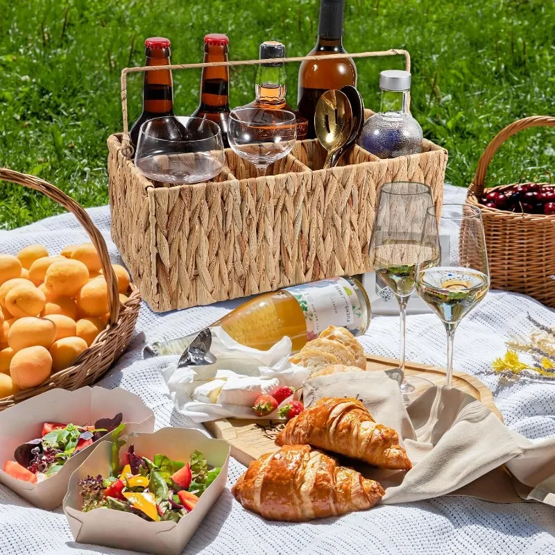 رف أدوات المائدة من الخيزران للحفلات مع مقبض منسوج وسلة نزهة منفصلة وأساسيات الحفلات الخارجية (5 مقصورات) وعملية مريحة