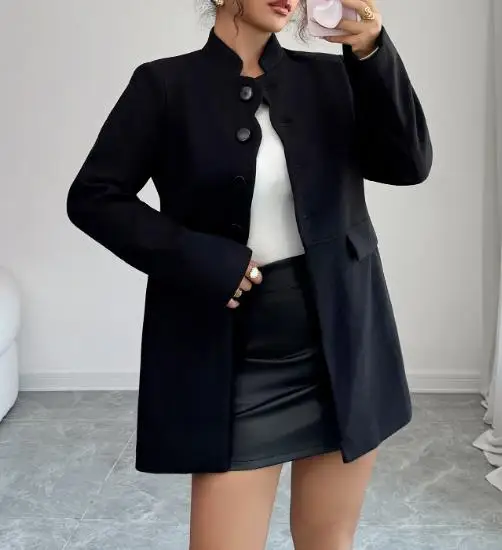 

Autumn Elegant and Simple Button Solid Color Long Sleeved Suit Jacket for Women's Fashion Stand Up Collar Commuting Suit Jacket