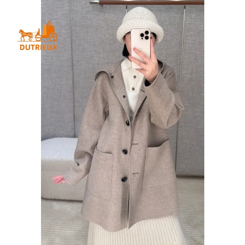 

Новинка 2025 года, зимнее двустороннее кашемировое шерстяное пальто с капюшоном для женщин, модная роскошная и элегантная куртка из 100% шерсти для женщин