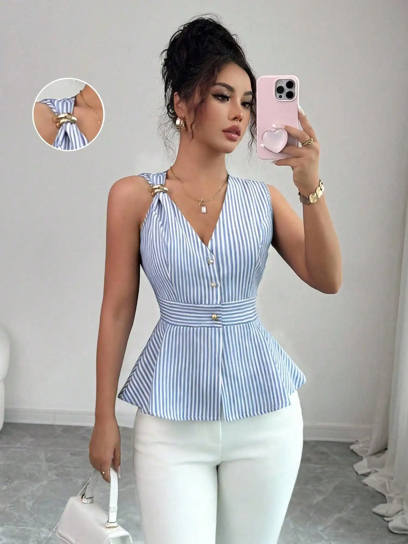 Ladies Elegant Decorative Metal Buckle Asymmetric Shoulder Stripe Top Fashionable Asymmetrical Design Ladies' Shirt