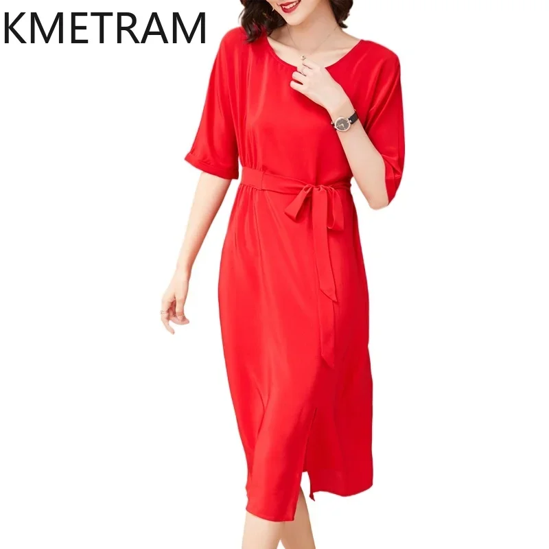 

KMETRAM 100% Mulberry Silk Dresses 2024 Women Summer Elegant Red Dress New in Luxury Long Dresses Loose Womans Clothing 여성여름원피스