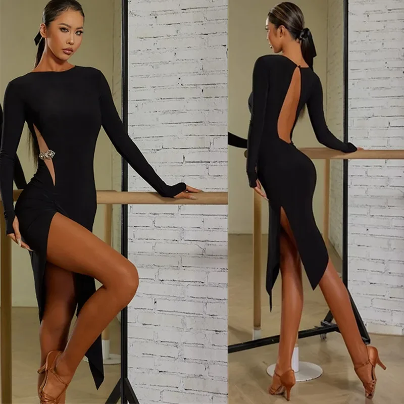 Robe de danse latine avec franges pour femmes, robes de tango noires, découpe au dos, Régions ba et ChaCha