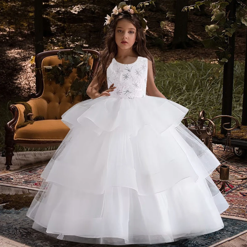 Luxury 2023 Girls\' Dress Formal Sequin Lace White Wedding Bride Children\'s Party Dress 4-14 Year Old Girls\' Clothing