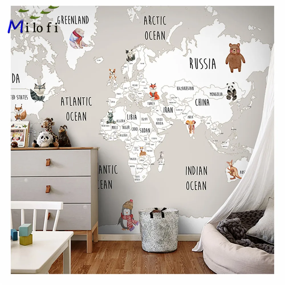 

Milofi children's room wallpaper mural wall cloth wall cloth boy girl map TV background wall simple animal decorative painting