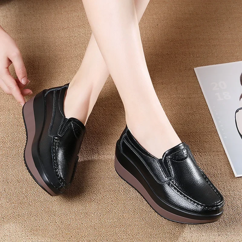 Platform Flats Loafers for Women Autumn Thick Bottom Casual Leather Walking Sneakers Round Toe Wedge Shoes Zapatos De Mujer