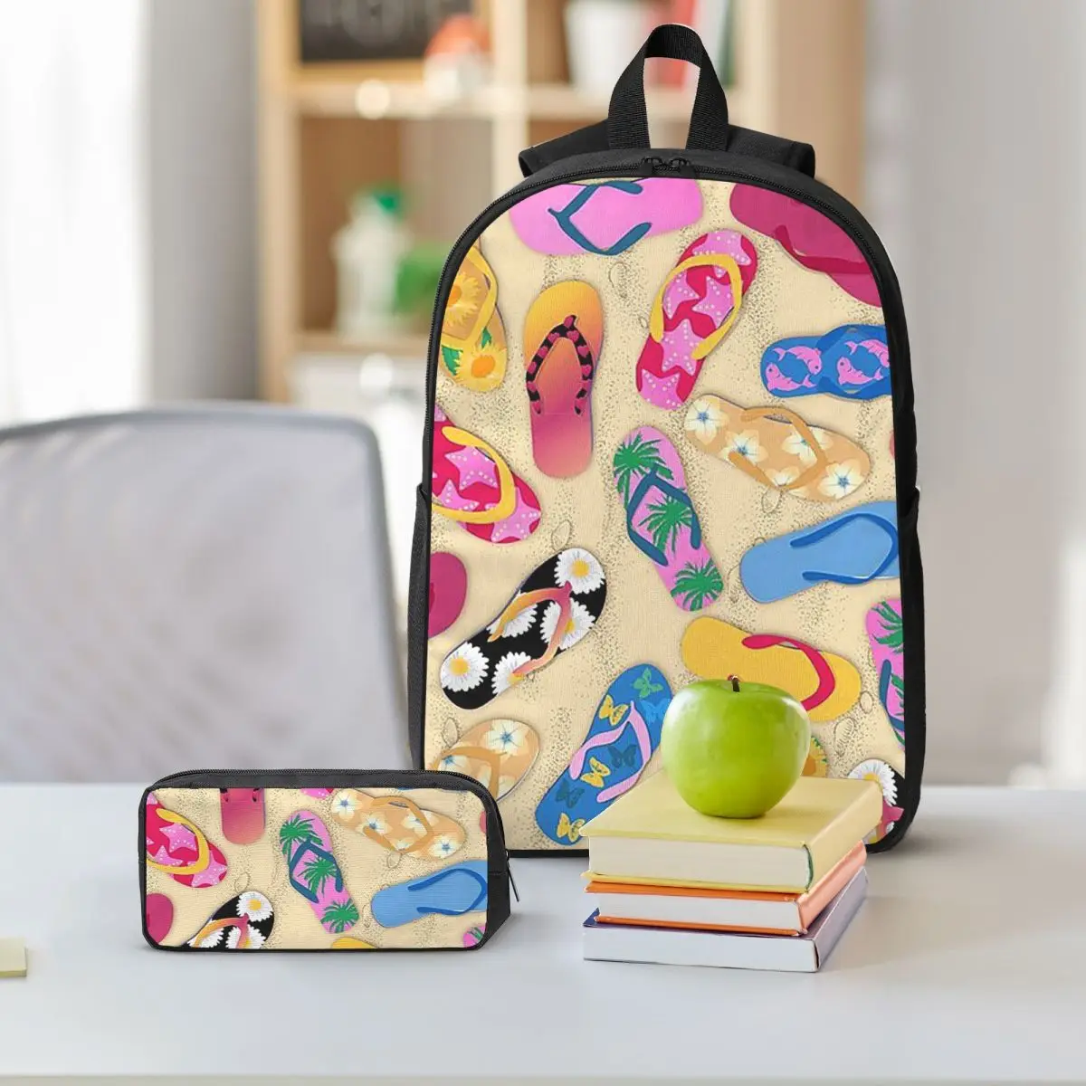 Watercolor Design Flip Flops Beach Backpack Student BookBag School Bag Shoulder Bags 3ps Insulated Lunch Bag Pencil Case
