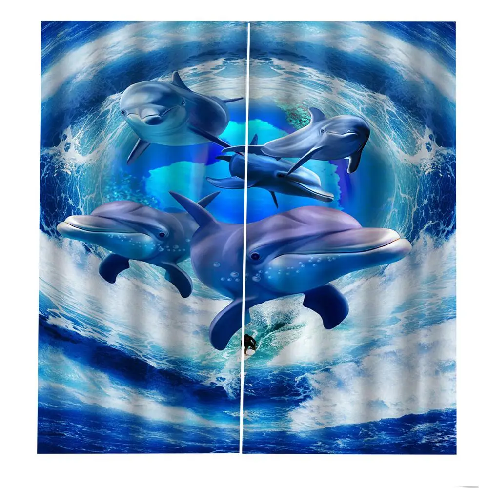 Bedroom 3D Window Curtain Luxury living room decorate Cortina Blue ocean curtains underwater dolphin curtain