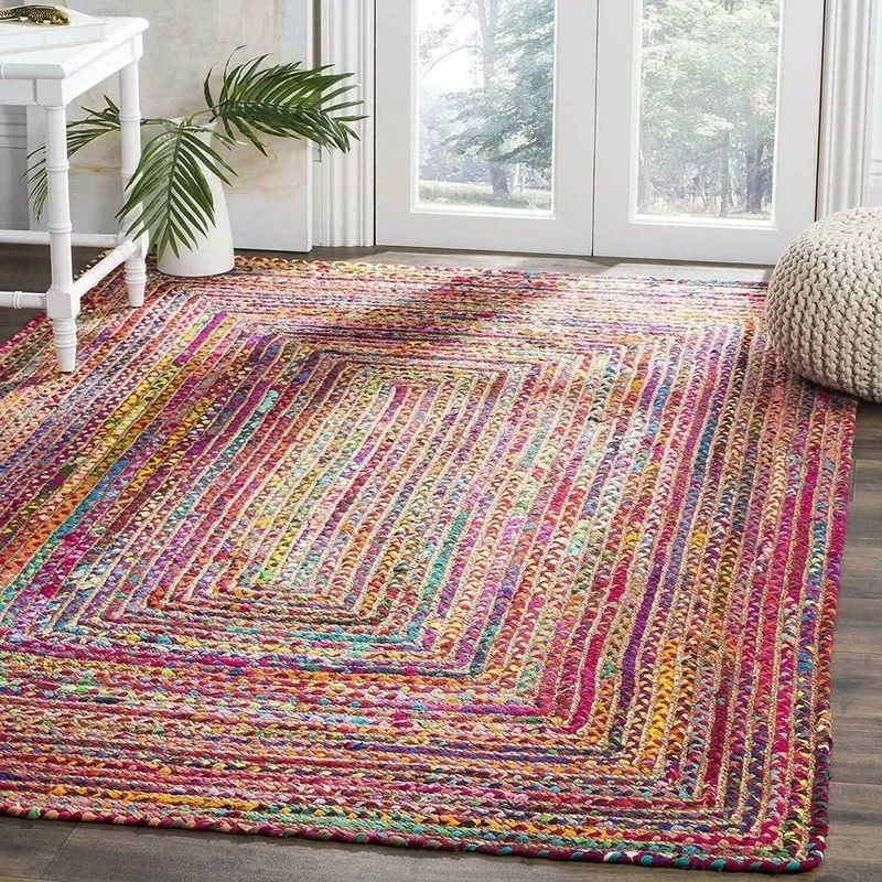 Rug Natural Carpet Jute Cotton Rectangle Farmhouse Runner Handmade Braided Rug