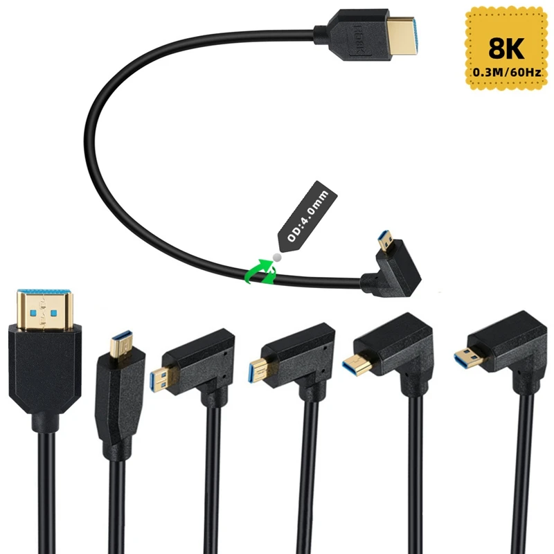 

0.3m OD4.0mm Slim Line HDMI-compatible to Micro HDMI - compatible Elbow Data Cable 2.1V 8K 60Hz for Camera Projector Display