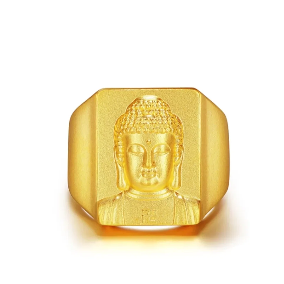 Chinese Elements Gold Color Ancient Dharma Fuhui Buddha Head Ring, Peace and Blessing Ring Luxury High End Ring