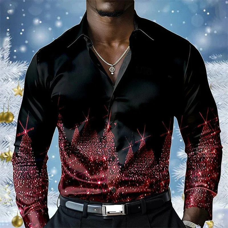 

2025 Christmas Men's Christmas Scene Printed Shirt Snowflake Casual Fashion Lapel Button Long Sleeve Party Autumn Shirt