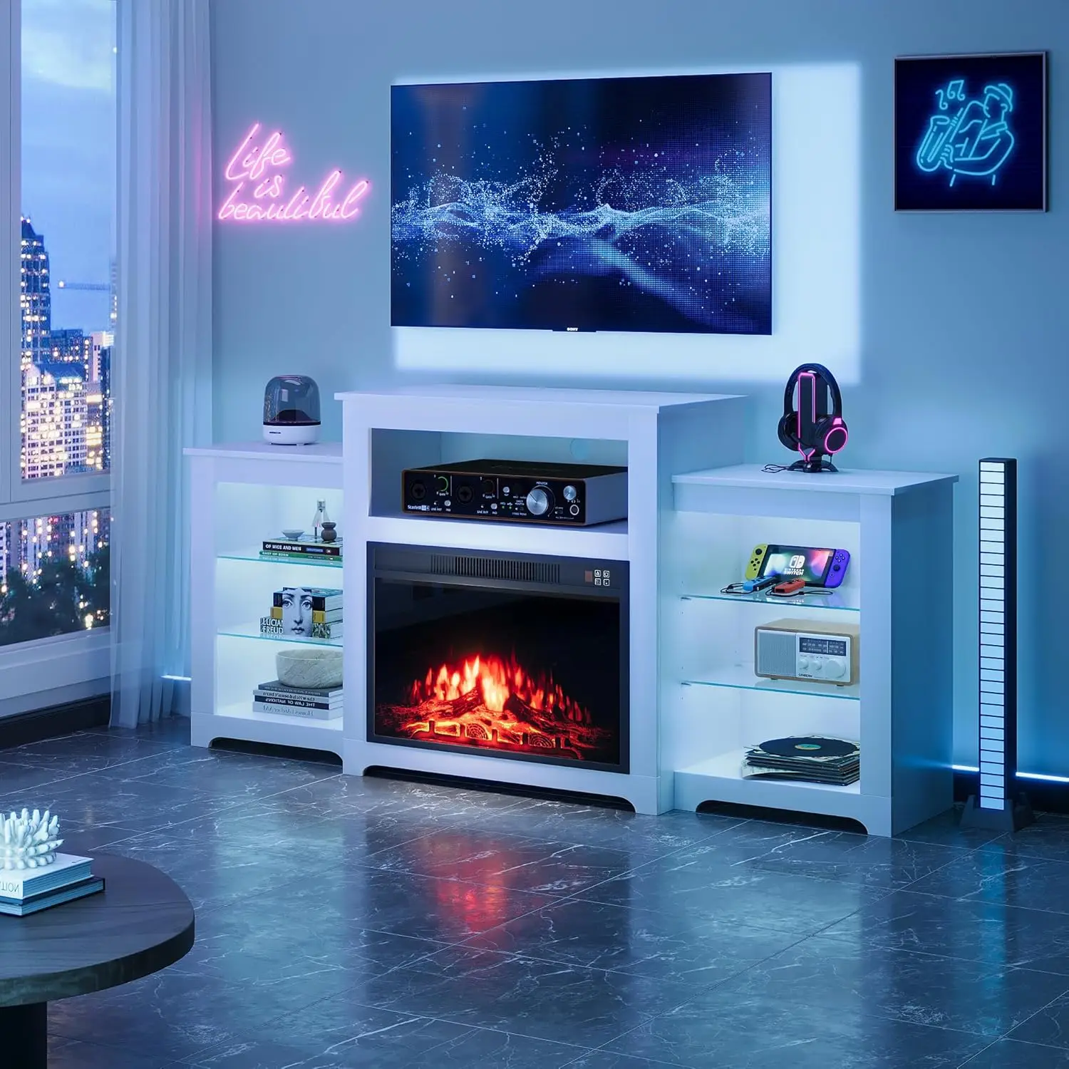 

70-дюймовая каминная подставка для телевизора с 26-дюймовой электрической каминной вставкой, развлекательный центр со светодиодной подсветкой и регулируемыми стеклянными полками, телевизор
