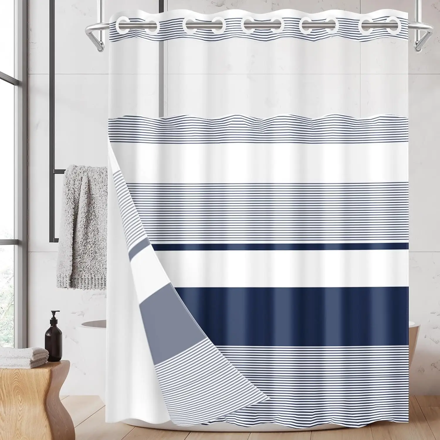 

Navy Blue Boho Striped Shower Curtain with Snap-in Liner, Waterproof Double Layers, See-Through Window, 71x74 Inch
