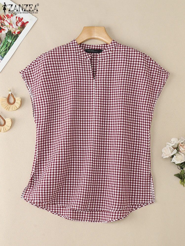 

ZANZEA повседневные блузки в клетку с высоким и низким вырезом, женские свободные топы оверсайз с v-образным вырезом и короткими рукавами, лето 2021, уличная одежда, 3 цвета, S-3XL