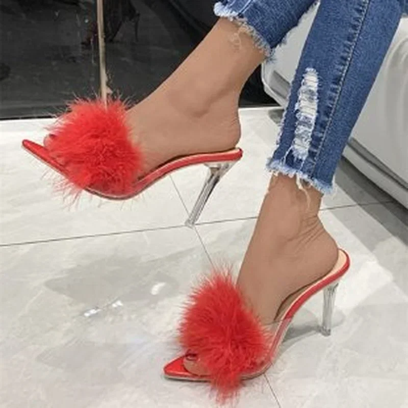 

2025 Summer Modern Women's Slippers Pointed Toe Super High Thin Heels Feather Plus Size Party Sandal Elegant Evening Dress Shoes