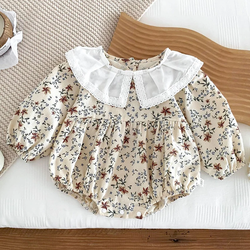 

Autumn Spring Baby Girls Clothing Toddler Baby Girls Romper Long Sleeved Cotton Printing Splicing Infant Baby Girls Jumpsuit