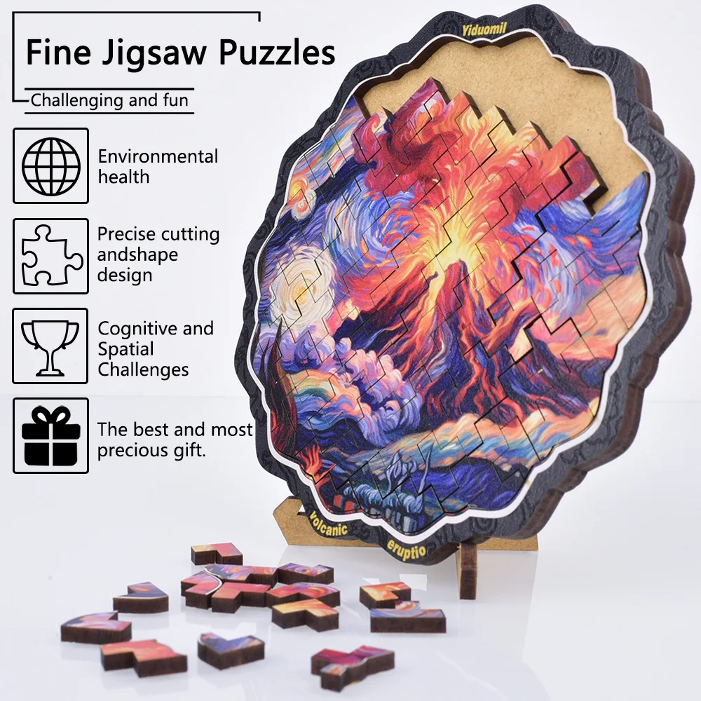 11,9 * 11,6 cm 90 sztuk Wulkaniczne wyrównanie Drewniane puzzle Sztuka dla dorosłych Zabawa Klasyczne gry rodzinne